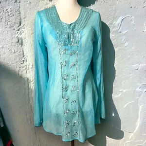 Teal  Fairycore bling longsleeve blouse / coverup L y2k